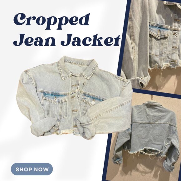 Cropped Distressed Denim Jean Jacket - Frayed Hem - Light Wash - Size Large - GU - Picture 1 of 7